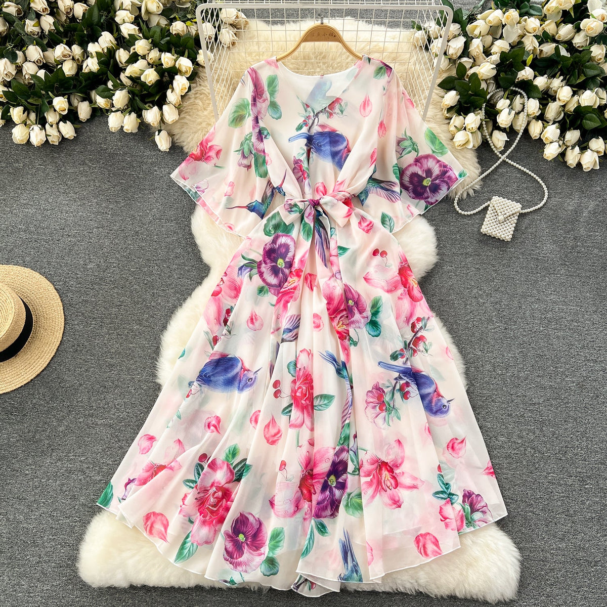 Floral Printed Loose-fit Chiffon Dress