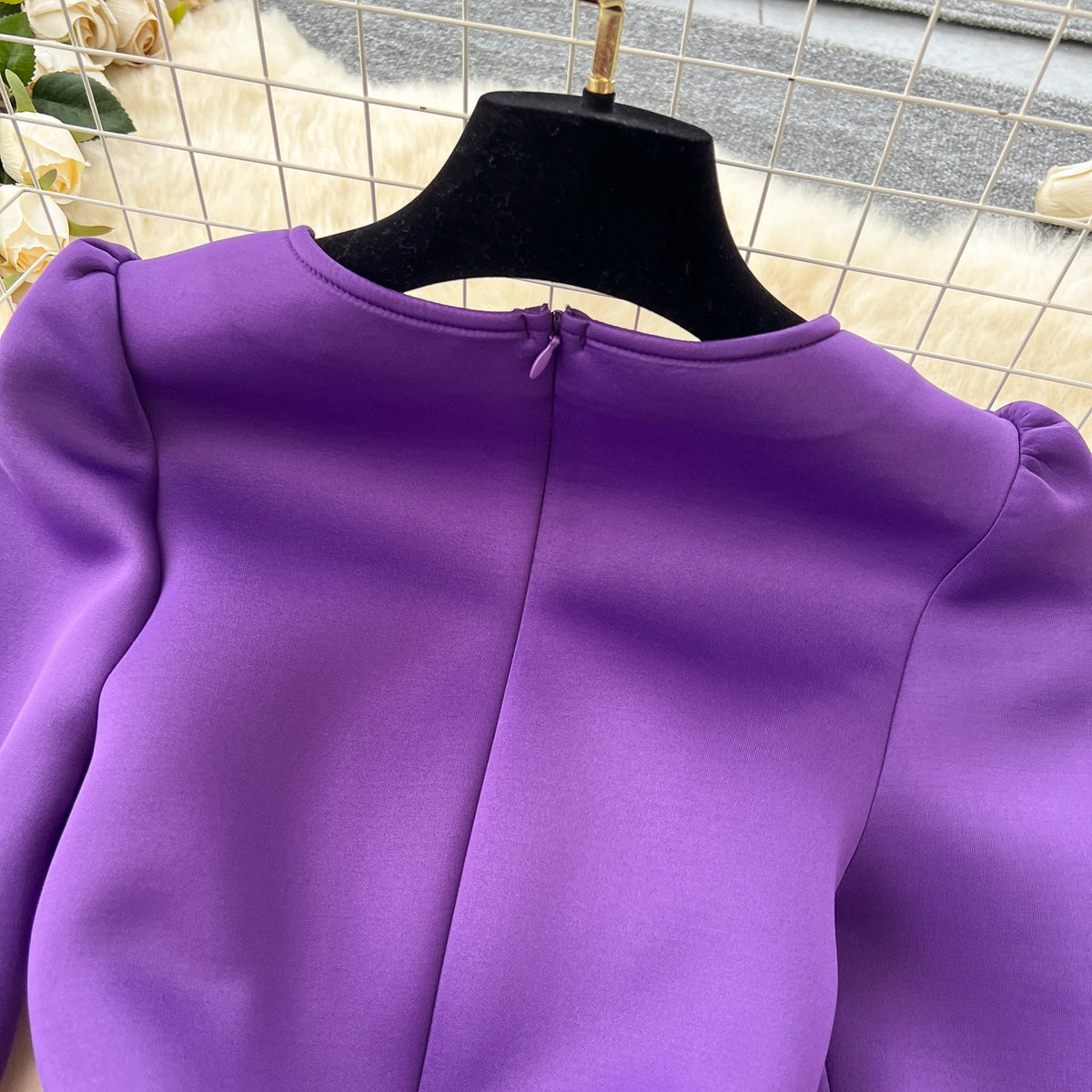 Puffy Sleeve Layered Mesh Hem Dress
