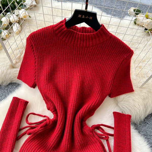 Christmas Red Lace-up Knitted Dress