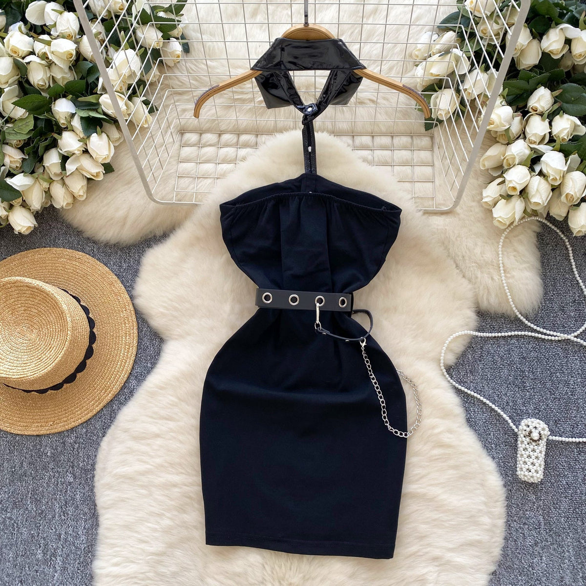 Hollowed Metal Button Black Dress
