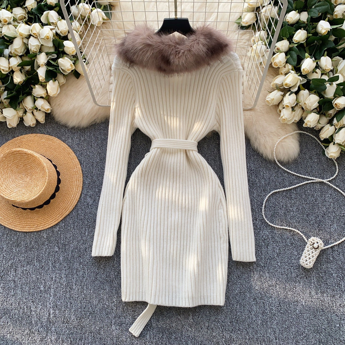 Furry Collar Lace-up Knit Dress