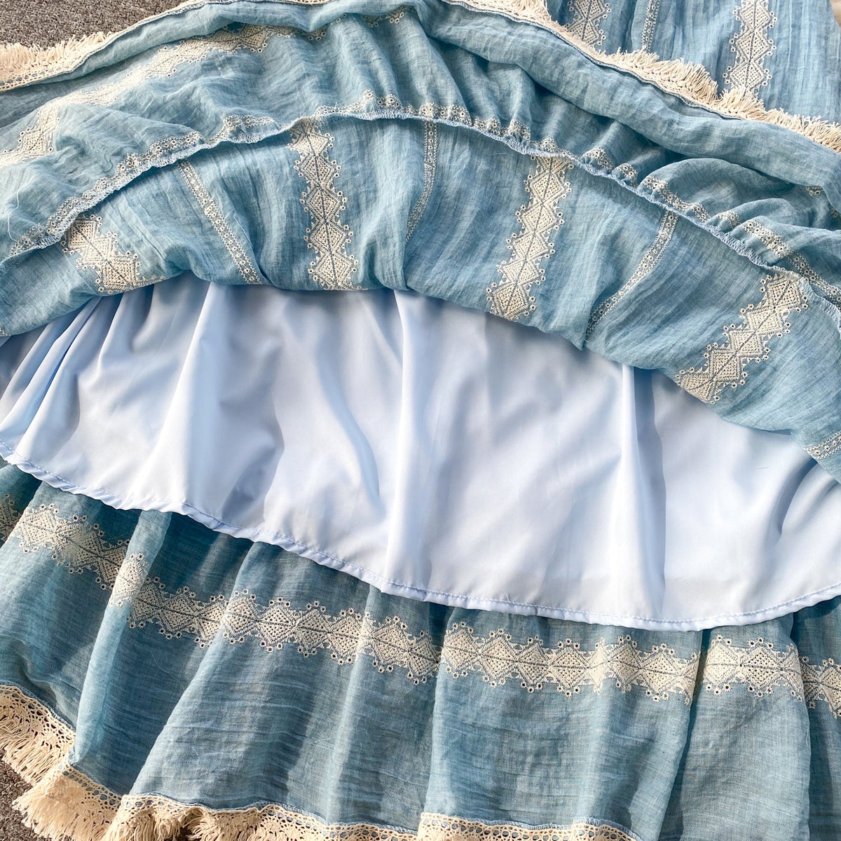 French Style Lace Trim Blue Dress