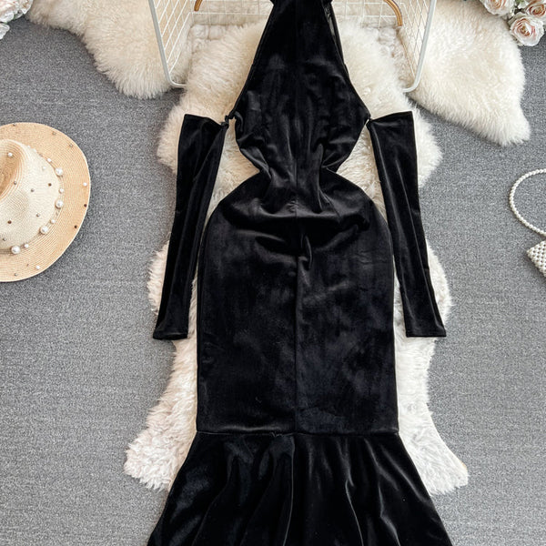 Rhinestone Studded Halter Black Dress