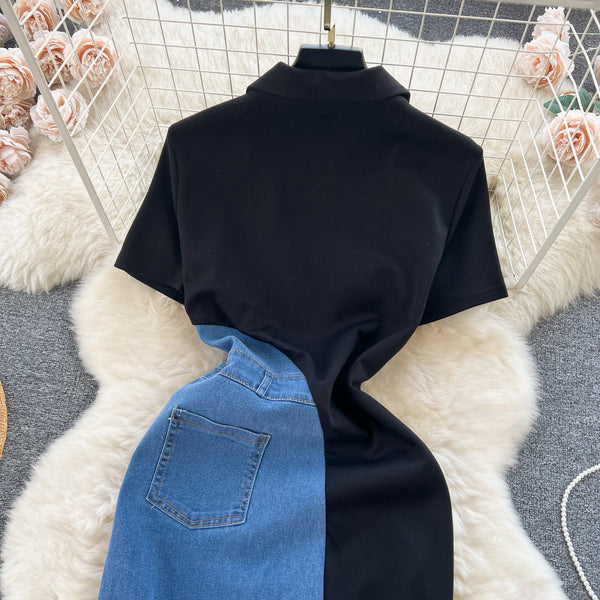 Zipli Denim Patchwork Siyah Elbise