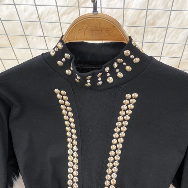 Vintage Rhinestone Studded Elastic Dress