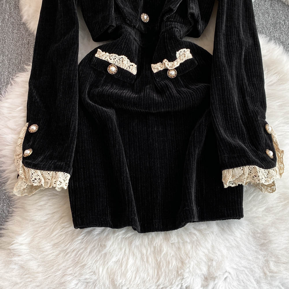 V-neck Lace Trim Black Curduroy Dress