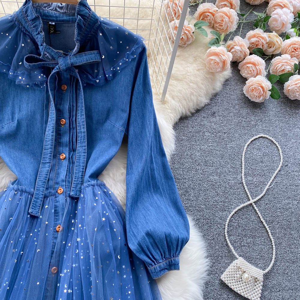 Niche Mesh Patchwork Denim Shirt Dress