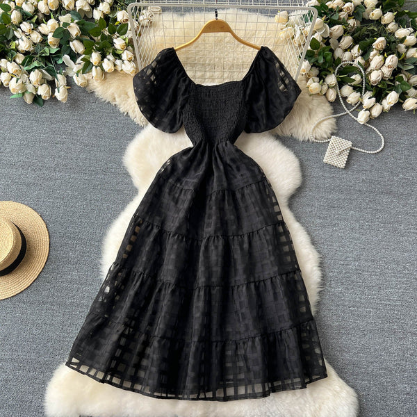 Solid Color Plaid Puffy Dress