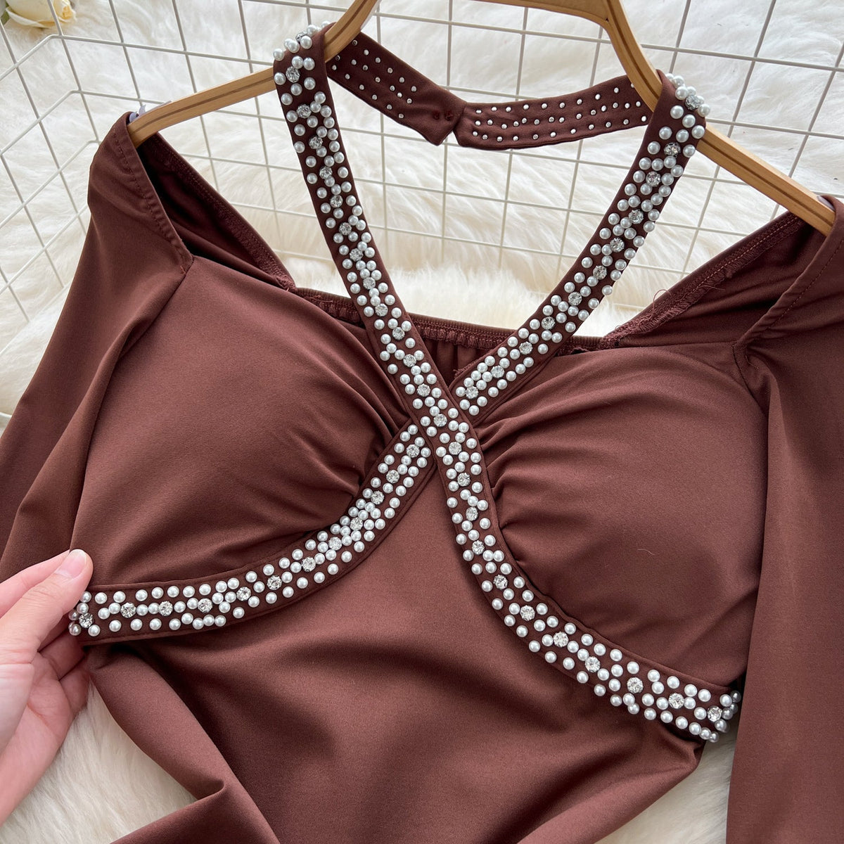 Beaded Cross Halter Party Dress
