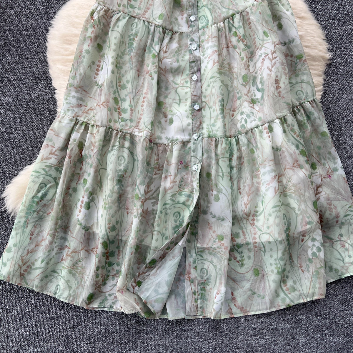 Elegant Ruffled Floral Dress with Belt