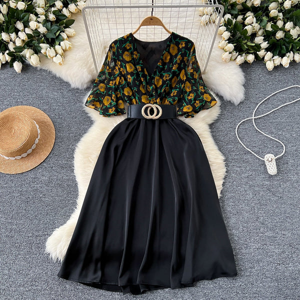 V-neck Floral Patchwork Black Dress
