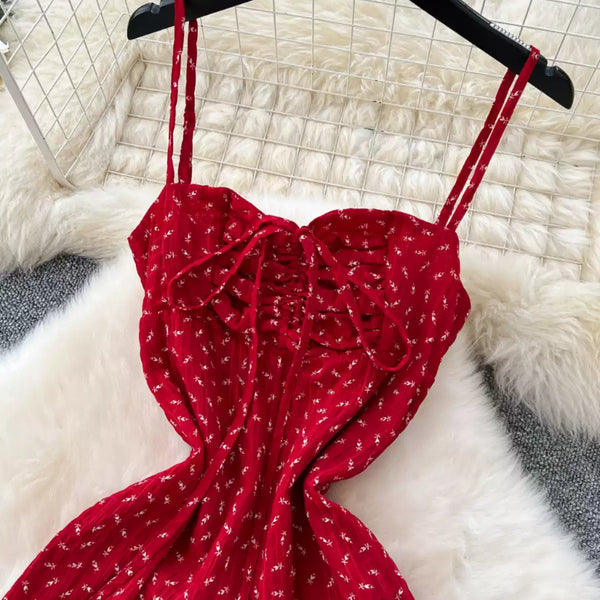 French Style Lace-up Floral Slip Dress