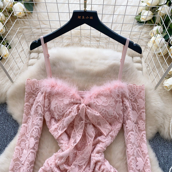 Crochet Lace Furry Patchwork Slip Dress