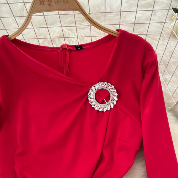 Slant Neckline Rhinestone Studded Party Dress