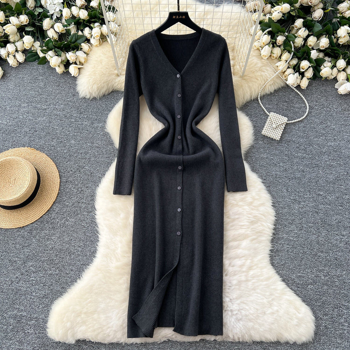V-neck Single-breasted Cardigan Dress