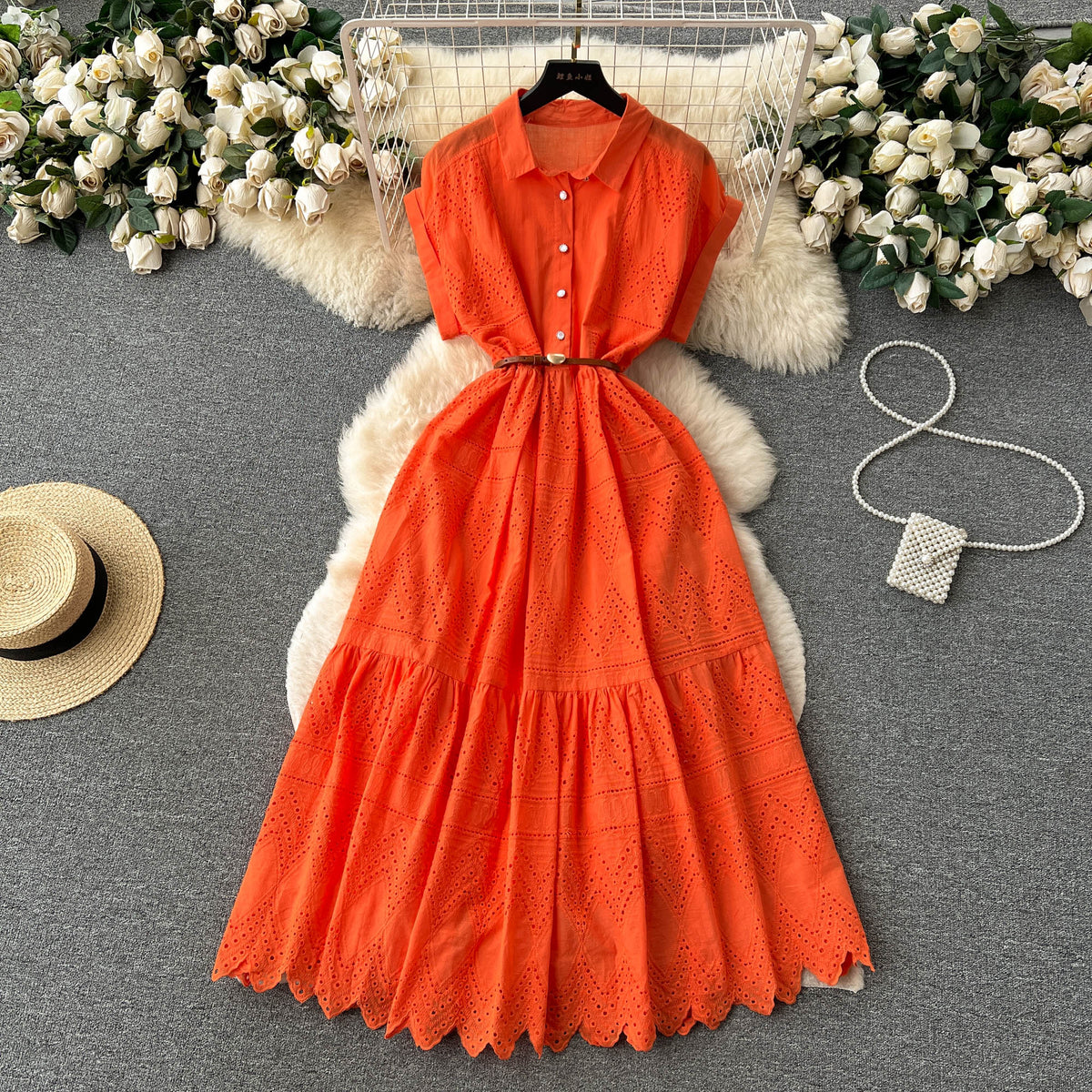 Niche Hollowed Patchwork Shirt Dress