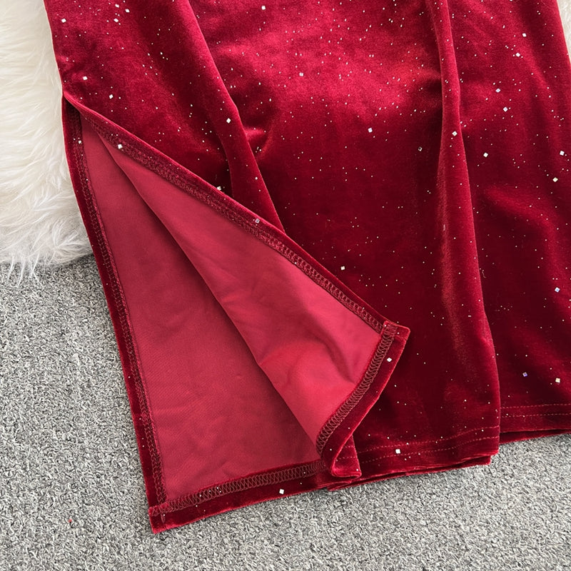 Lace Embroidered Velvet Cheongsam