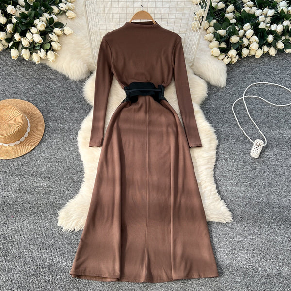 Niche Knitted Dress with PU Waistband