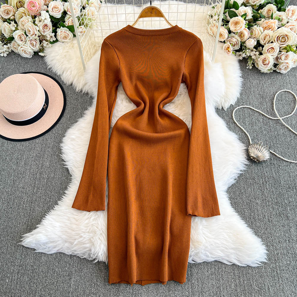 Round Collar Split Stretchy Knitted Dress