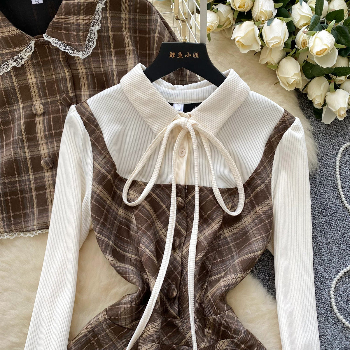 Faux Two-pieces Dress&Cape Plaid 2Pcs