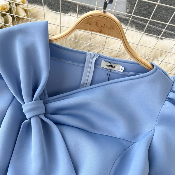 Knotted Bow Pleated Blue Dress