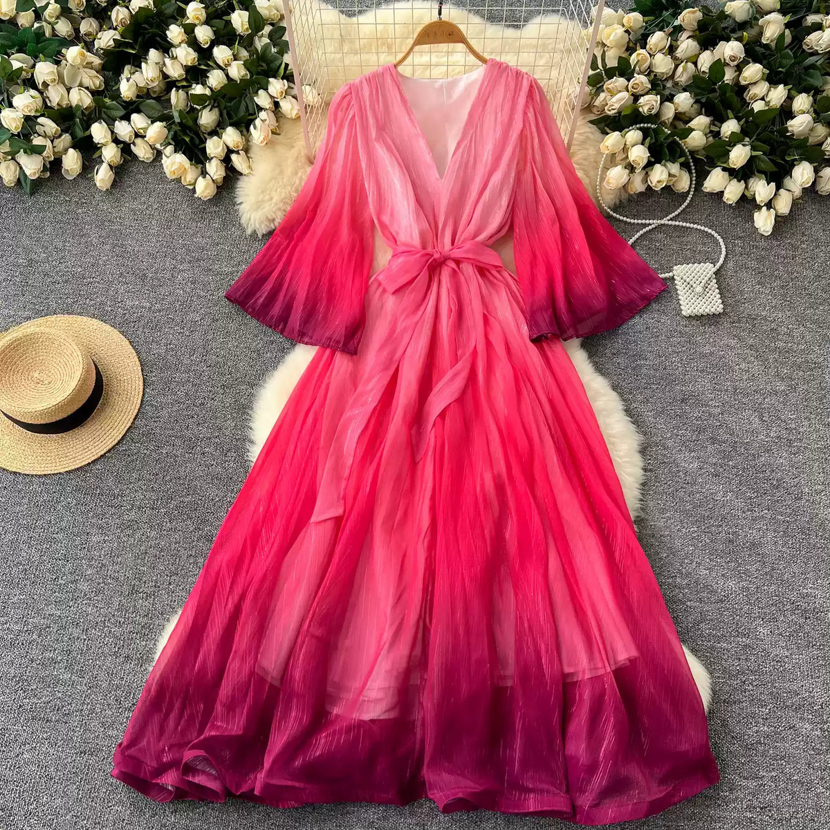 Gradient Color V-neck Fairy Dress