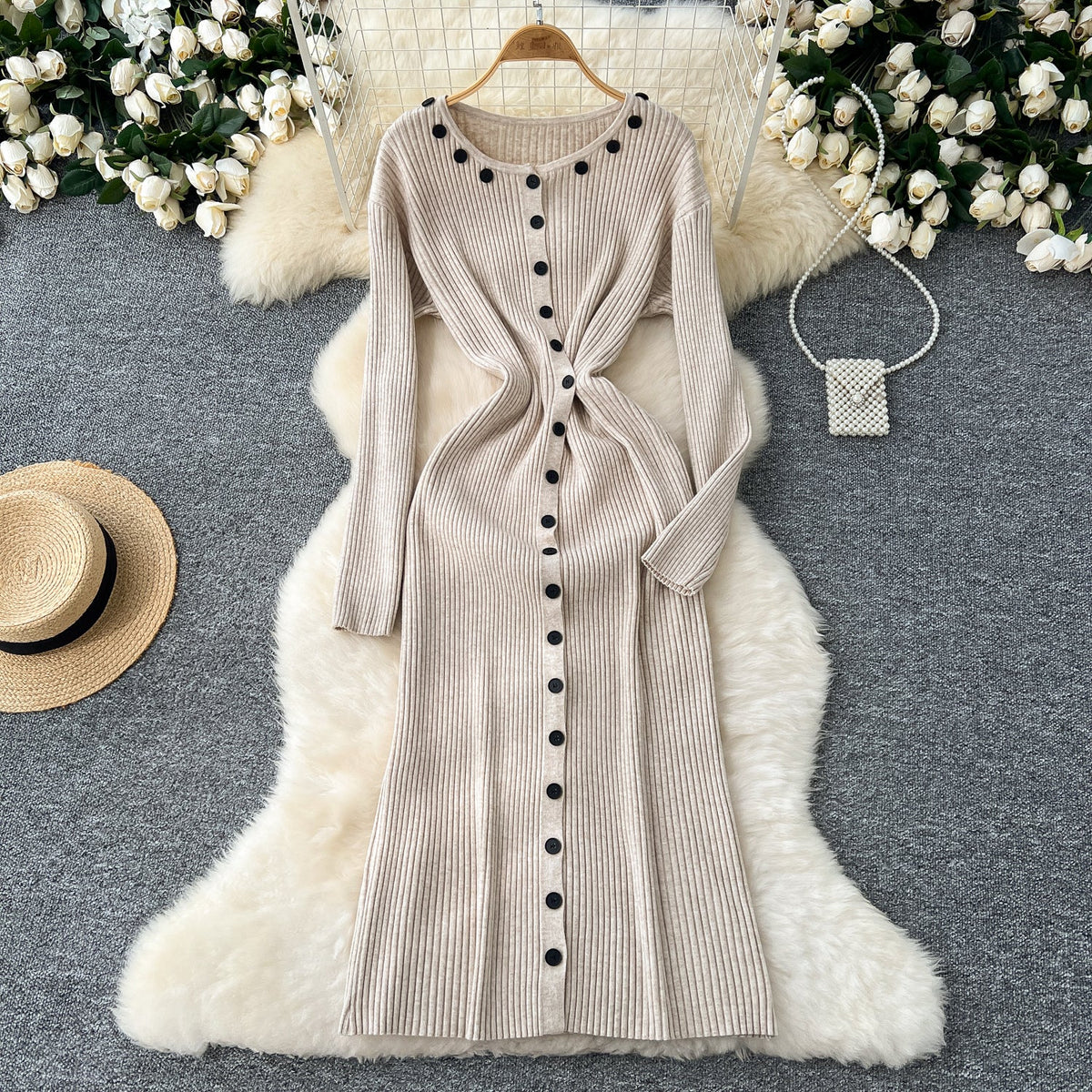Round Collar Button Decorated Knitted Dress