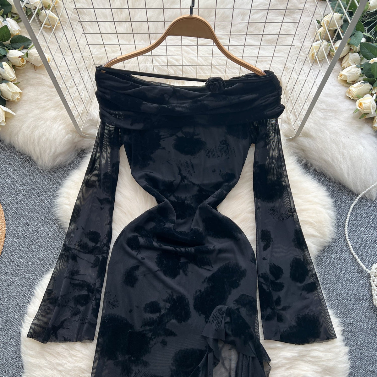 Asymmetric Embroidered Floral Black Dress