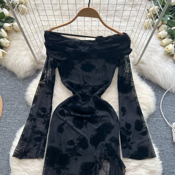 Asymmetric Embroidered Floral Black Dress
