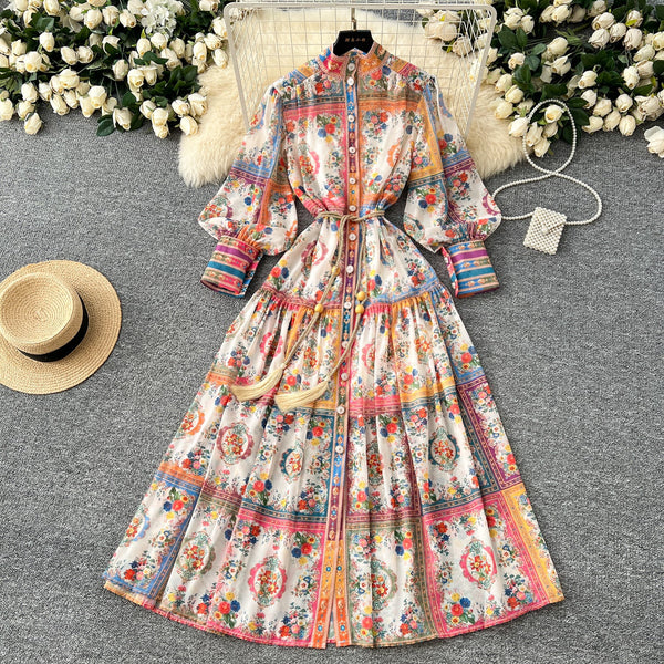 Elegant Stand Collar Floral Shirt Dress