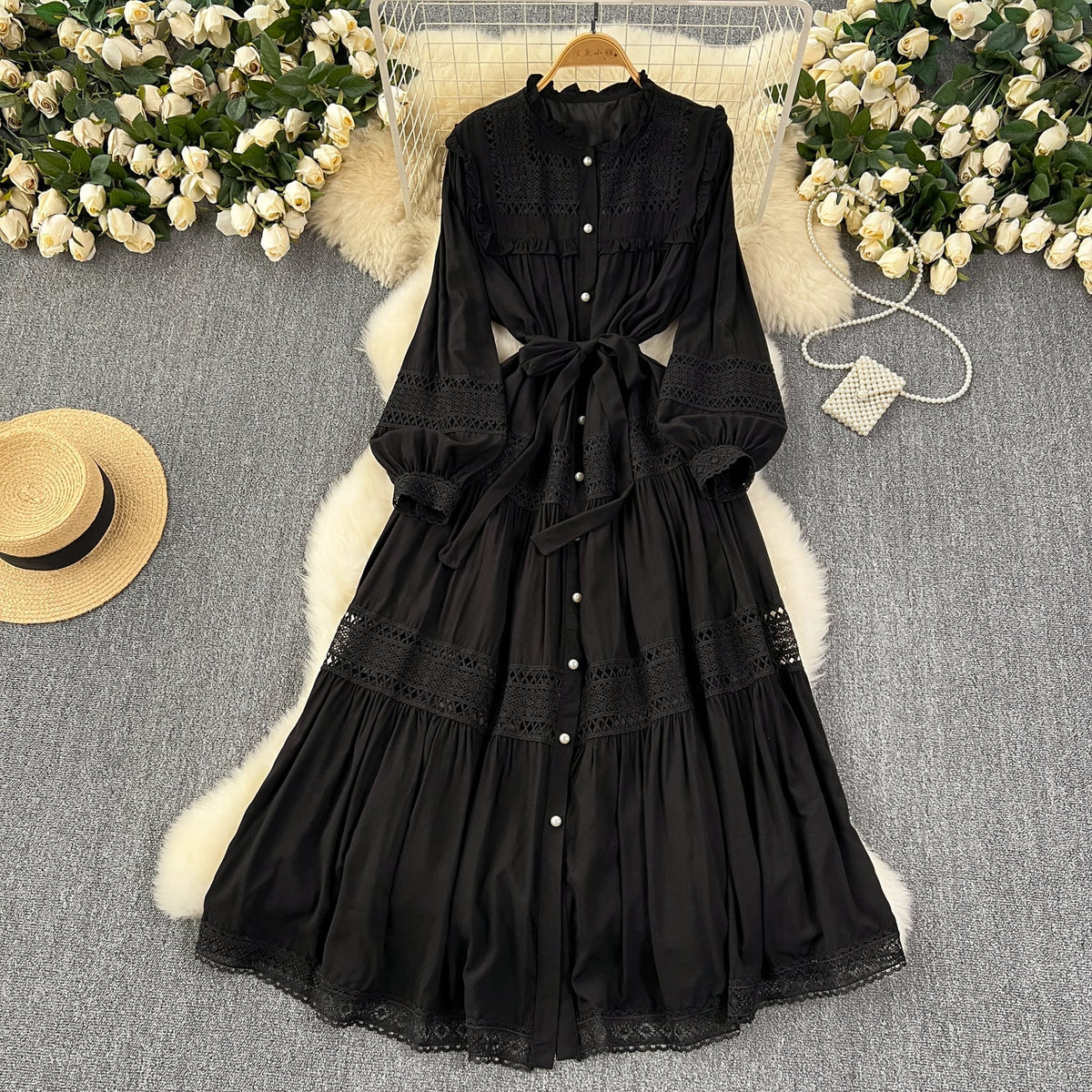 Solid Color Lace Patchwork Dress