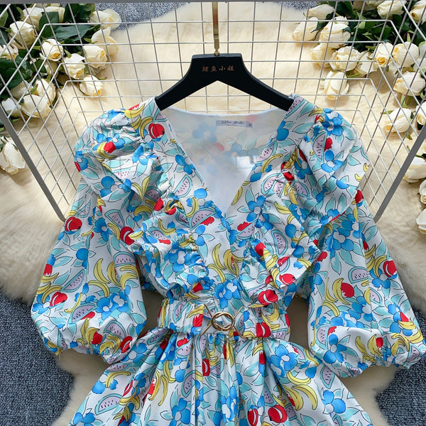 Ruffled Collar Floral Puffy Dress