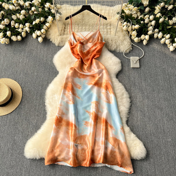 Niche Tie-dye Draped Satin Slip Dress