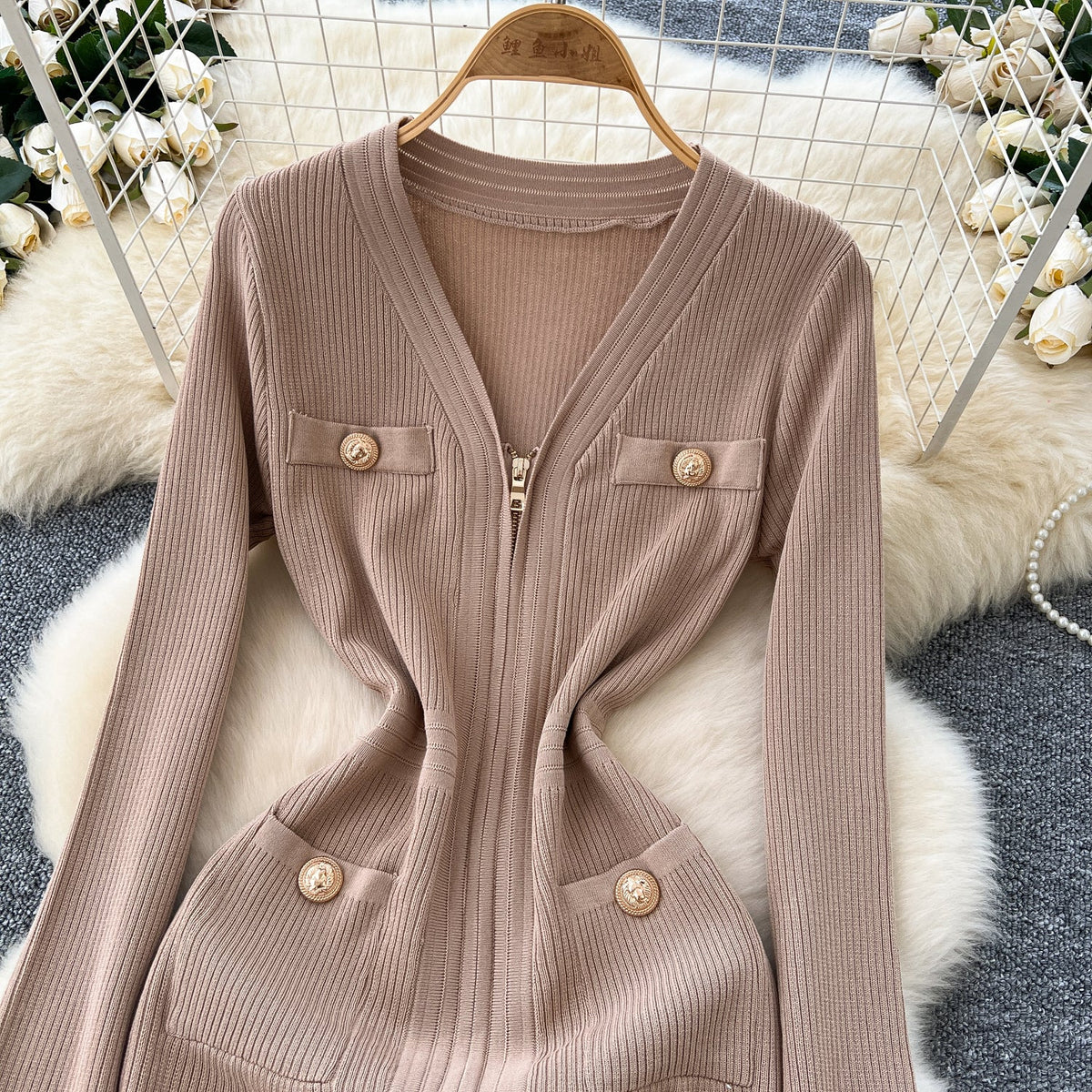 Metal Buttons Zipped Knitted Dress