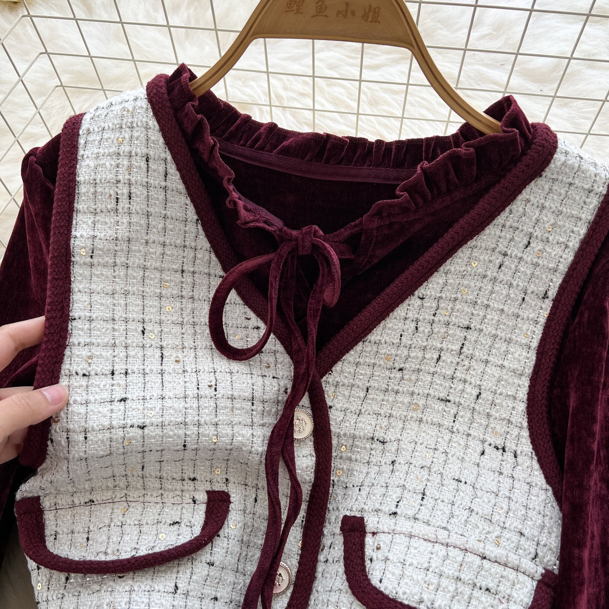 Lace-up Corduroy Dress&Jacquard Vest 2Pcs
