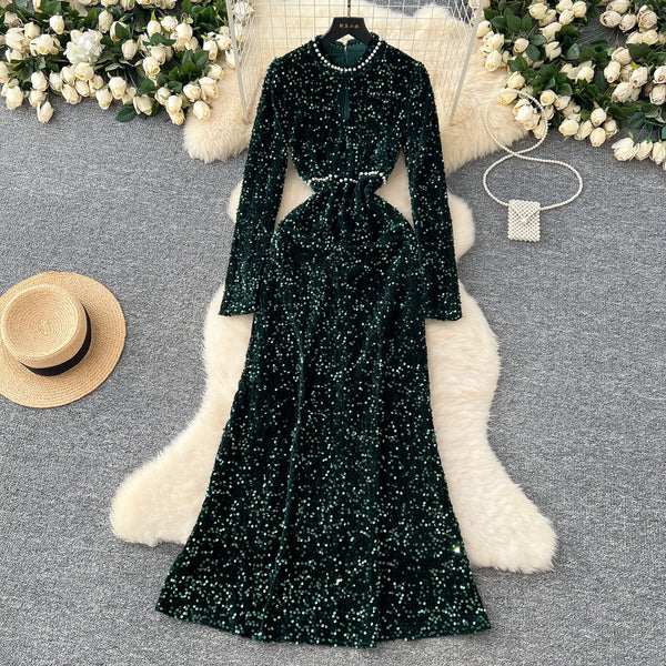 Beaded Collar Sequined Velvet Dress