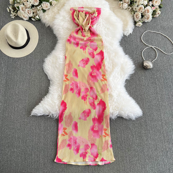 Off-shoulder Floral Print Pleated Dress