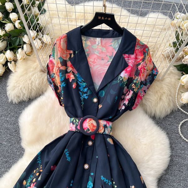 Vintage Colorful Floral Lapel Dress