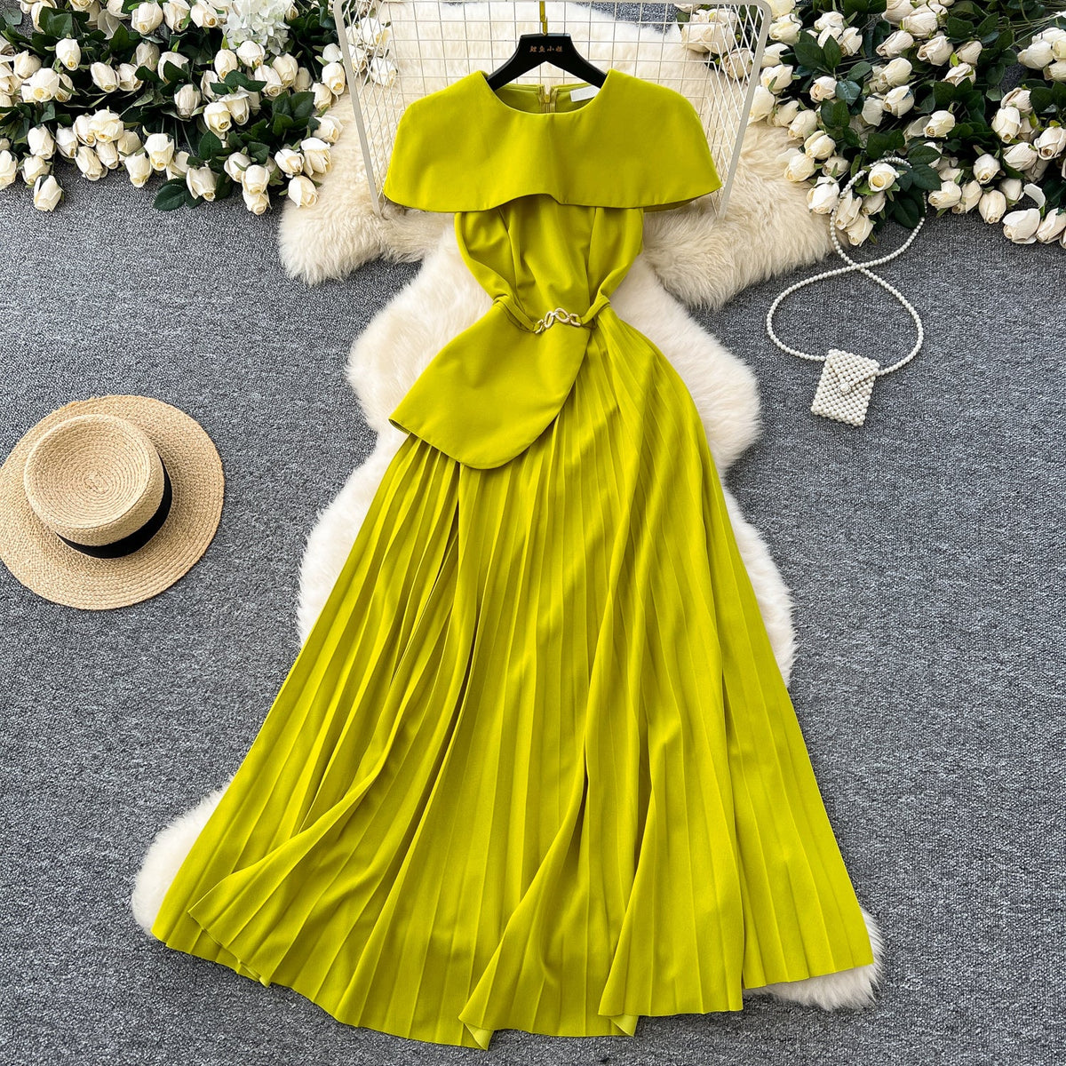 Folded Collar Pleated Mustard Green Dress