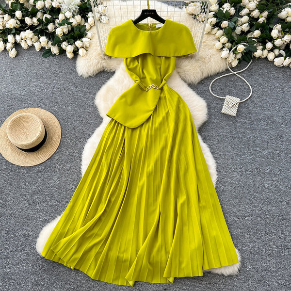 Folded Collar Pleated Mustard Green Dress