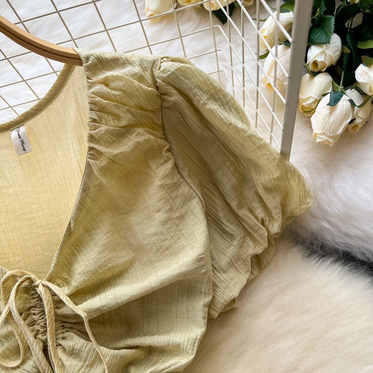 Mori Puffy Sleeve Drawstring Chiffon Dress