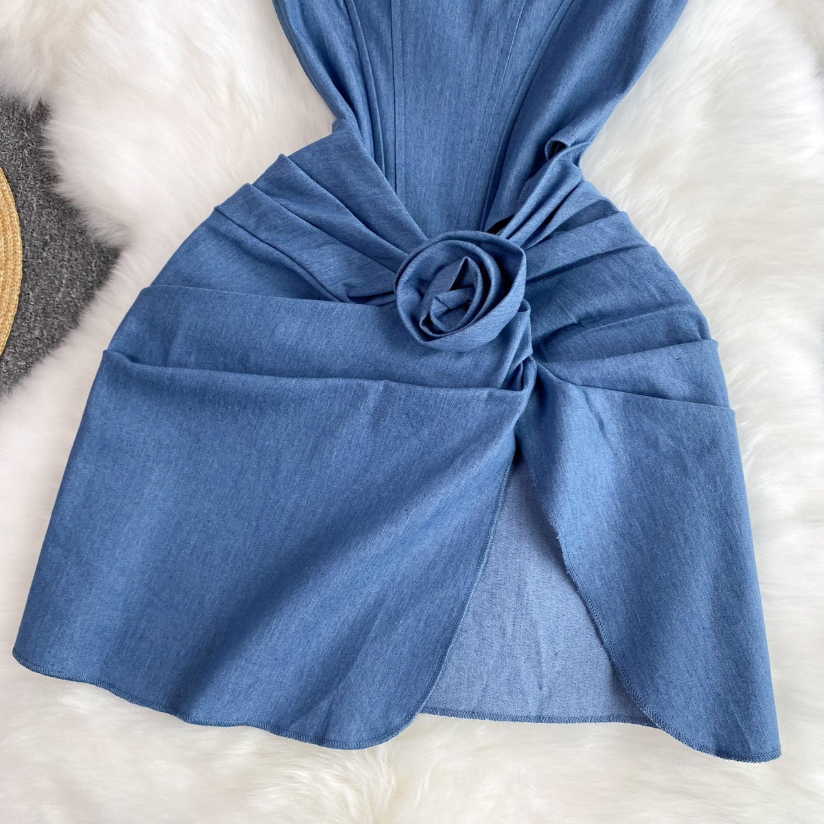 3d Knotted Denim Floral Slip Dress