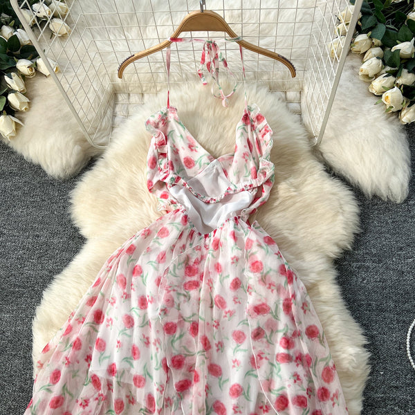 Irregular Design Fairy Floral Halter Dress