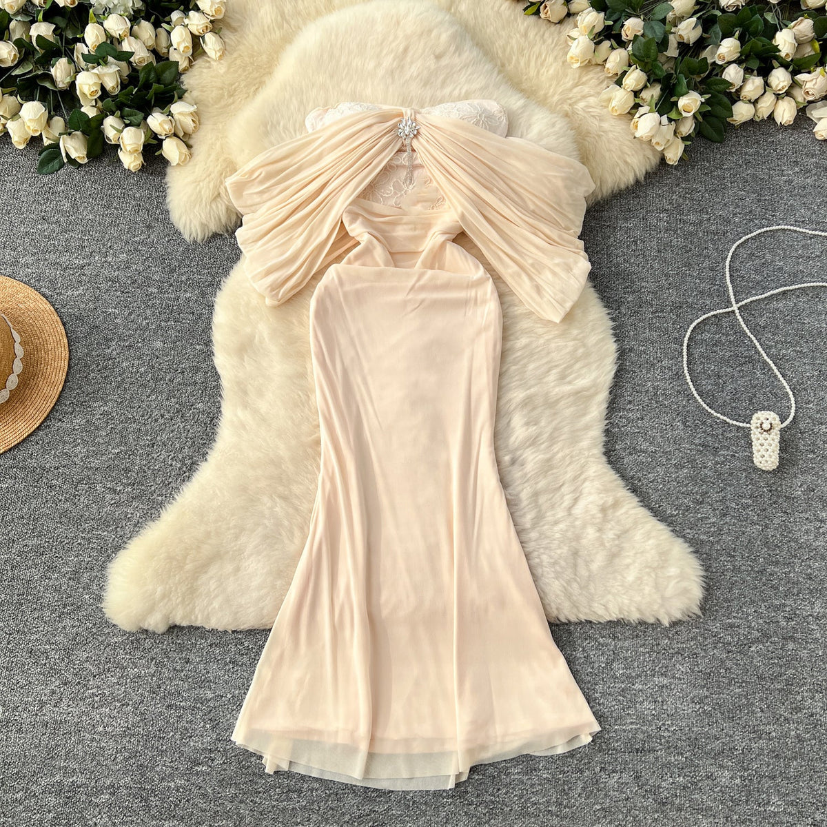 Sequined Embroidered Off-shoulder Mesh Dress