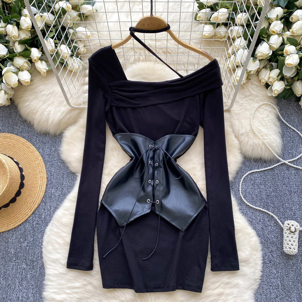 PU Lace-up Girdle Black Dress