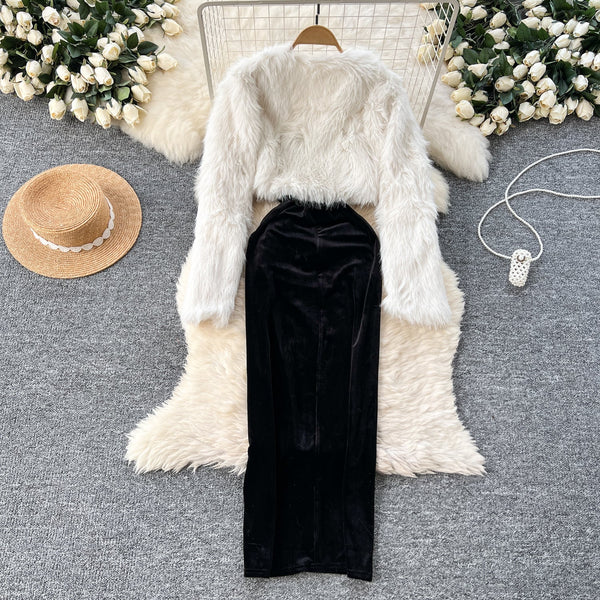 Beaded Velvet Dress&Furry Shawl 2Pcs