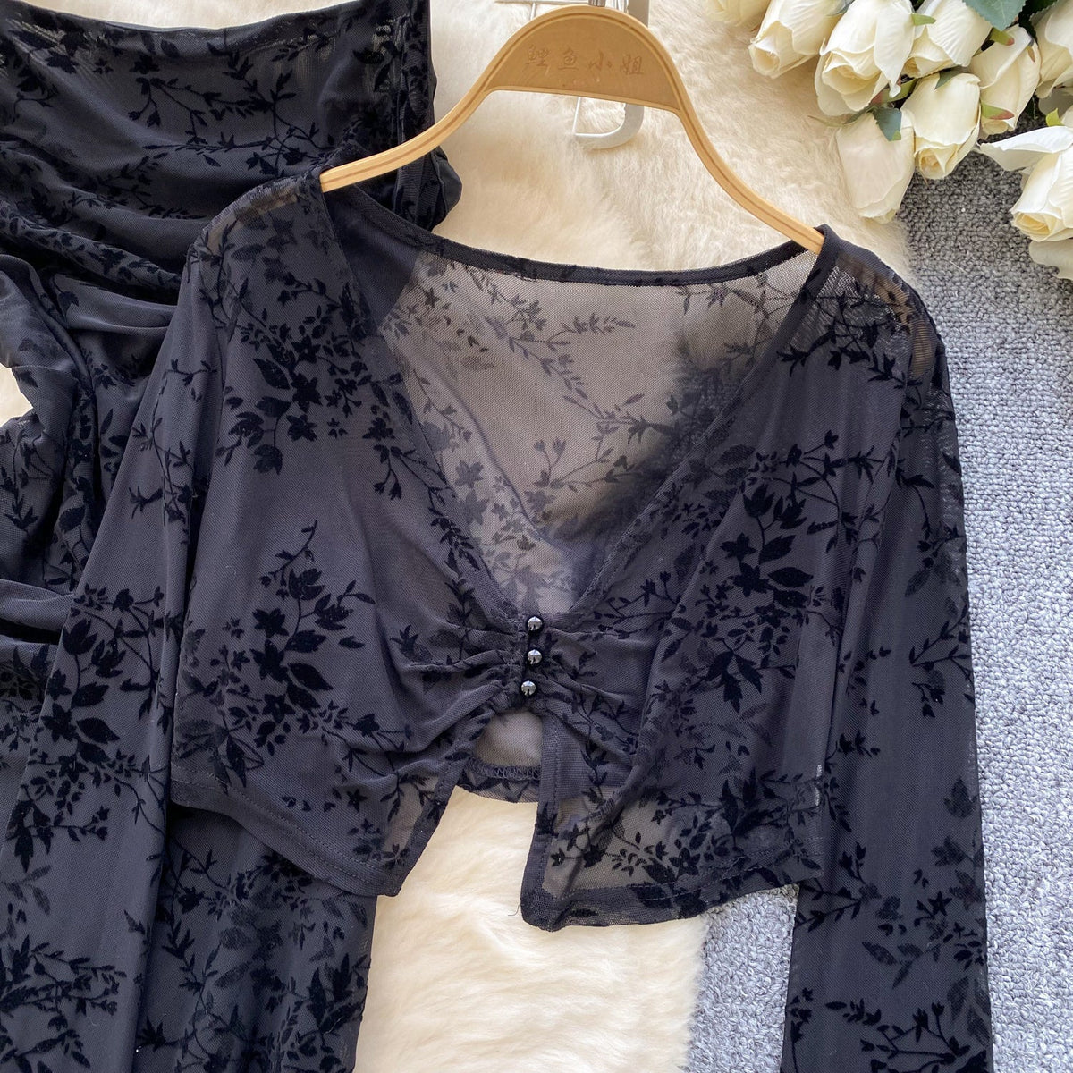 Mesh Cape & Embroidered Black Dress 2Pcs