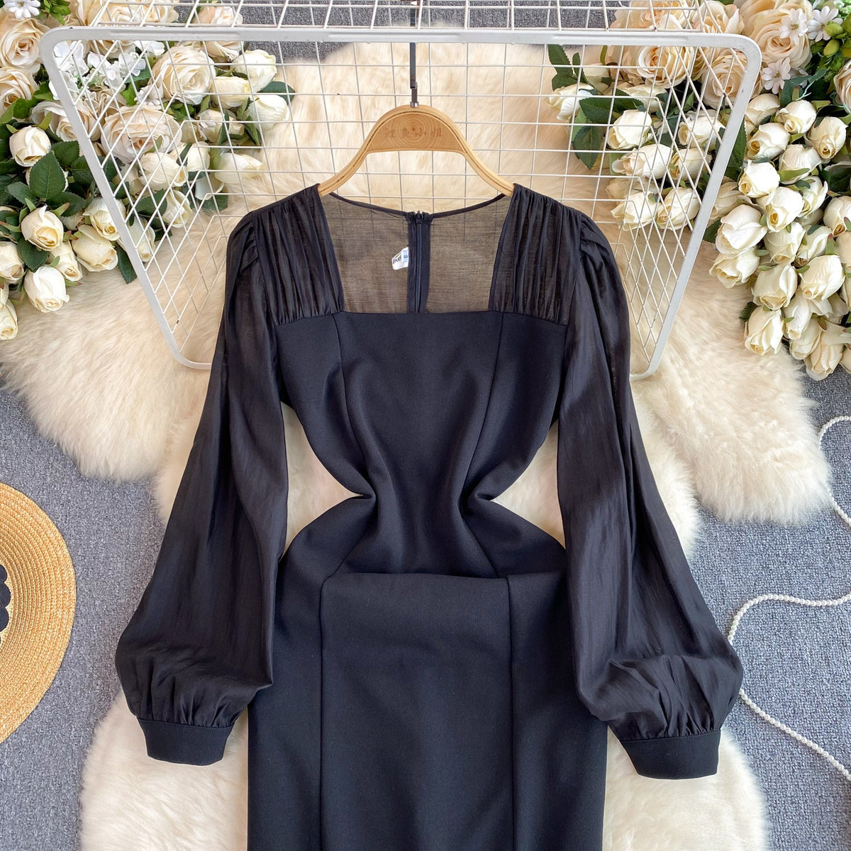 Square Neckline Black Mesh Dress