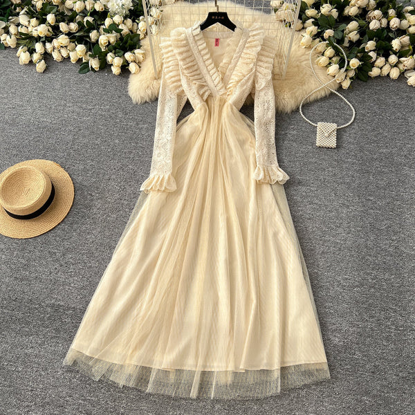 Ruffled V-neck Mesh Patchwork Dress
