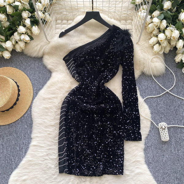 Slant Neckline Sequined Suede Dress